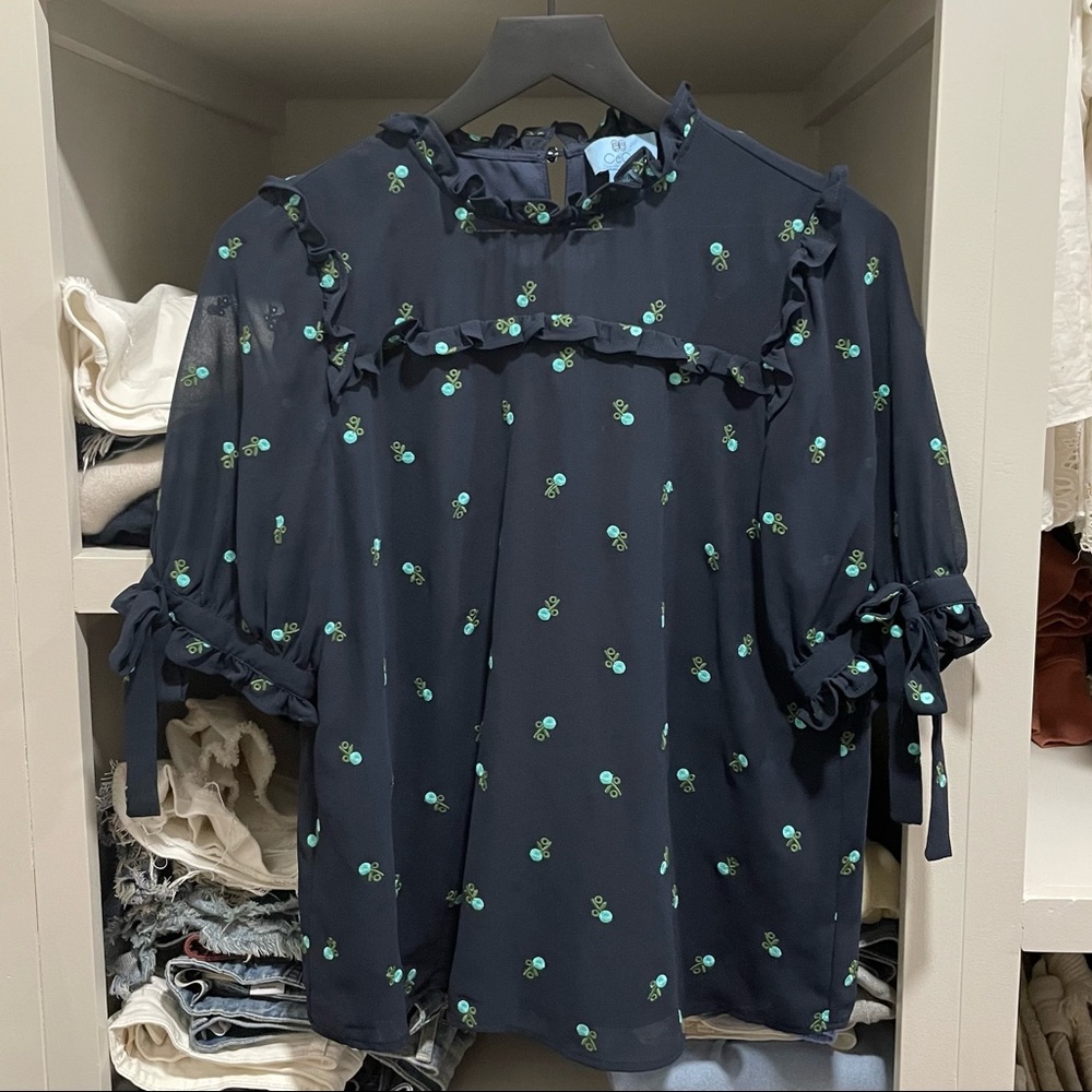 CeCe By Cynthia Steffe Navy Floral Embroidered Ruffle Top